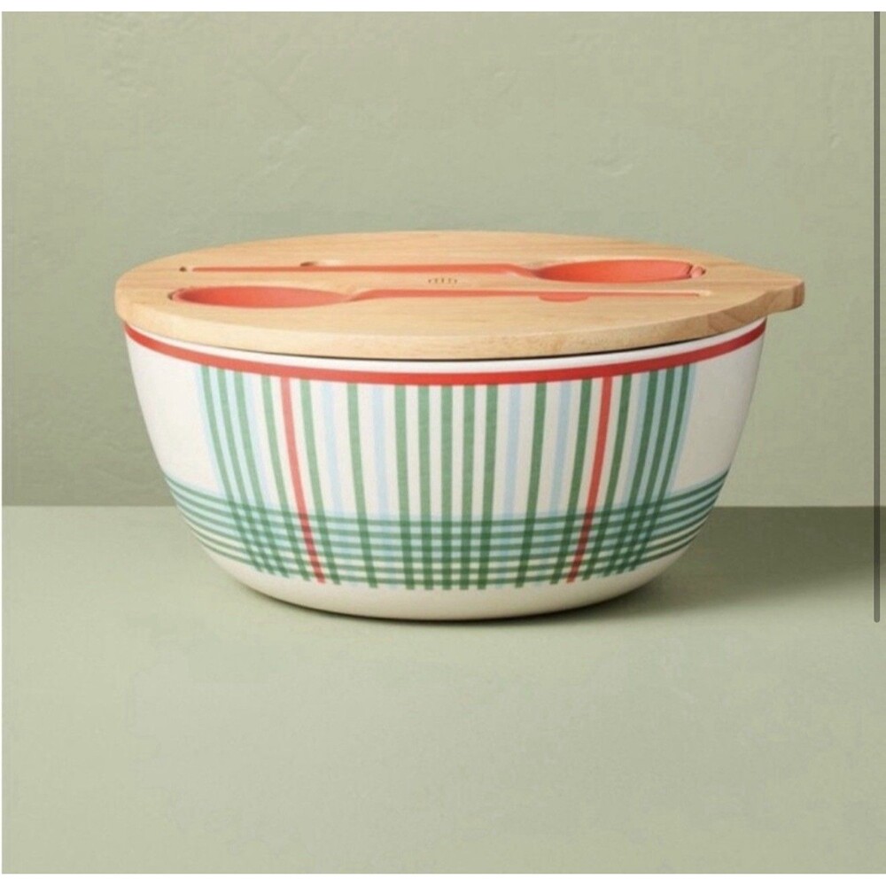 Hearth & Hand Magnolia 4Pc Summer Plaid Melamine Serving Bowl Utensil Set